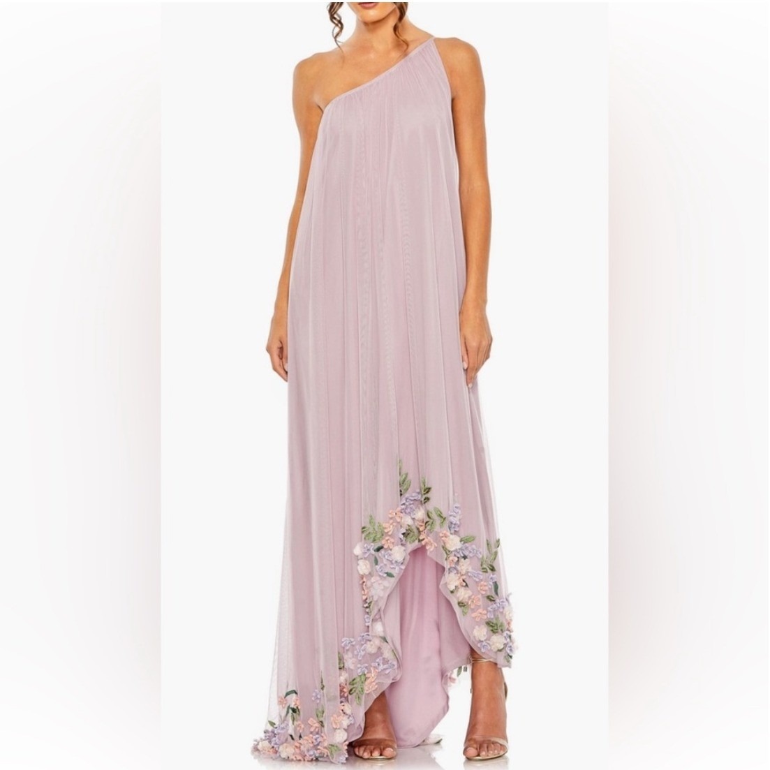 Mac Duggal Blush One-Shoulder Embroidered Hem Gown